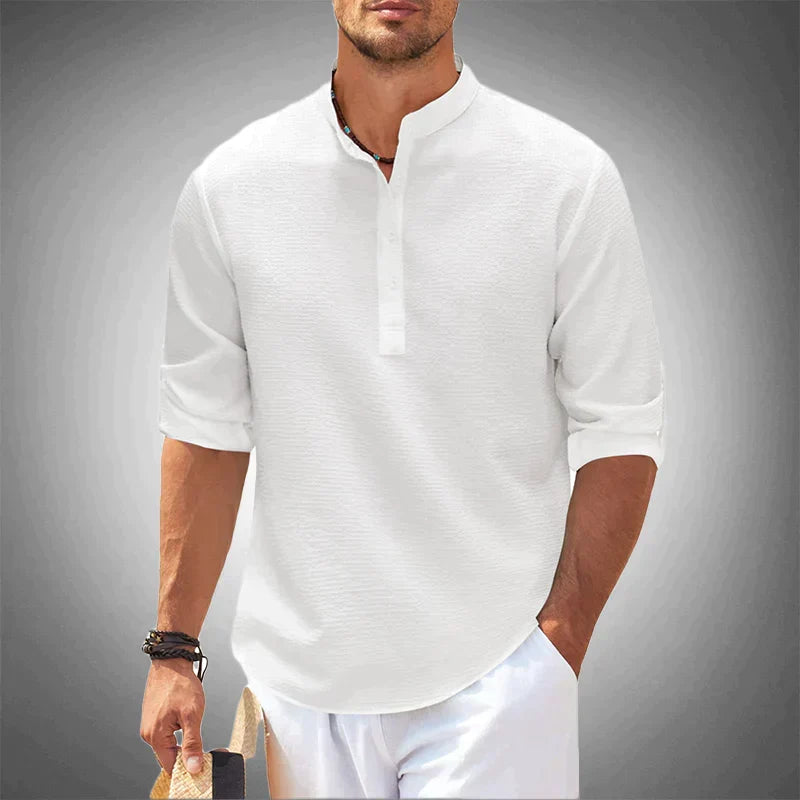 Chemise en lin col mao manches longues coupe moderne homme – Cerisy