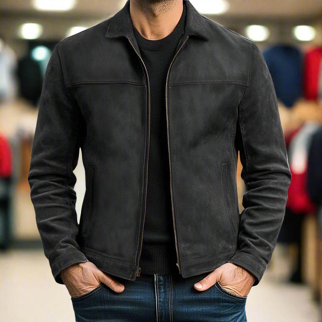 Veste zippée aspect daim col chemise