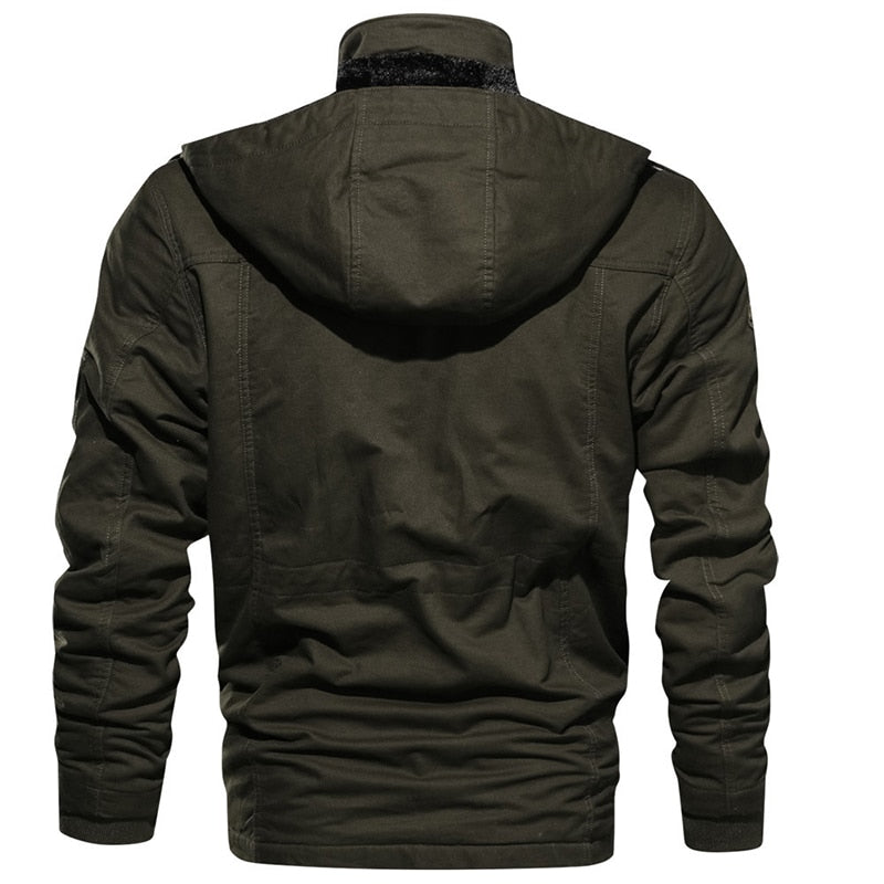 Veste utilitaire homme vert, vue de dos avec capuche