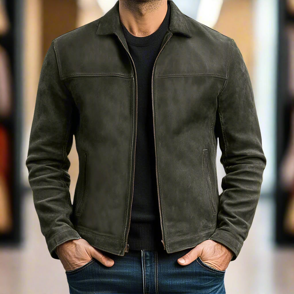 Veste zippée aspect daim col chemise