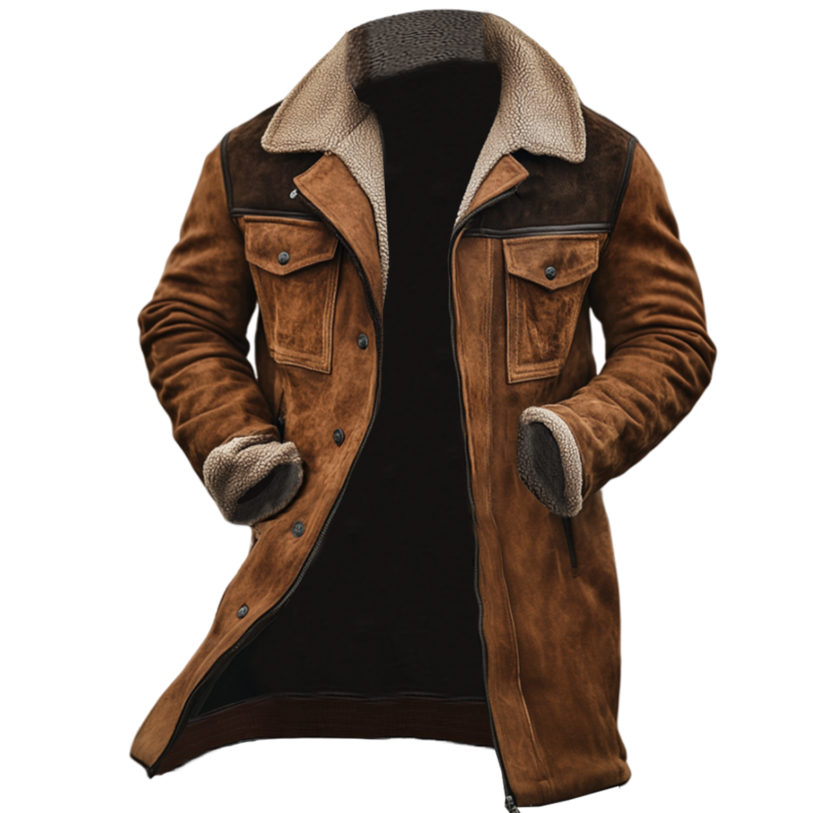 Manteau long aspect daim col peluche