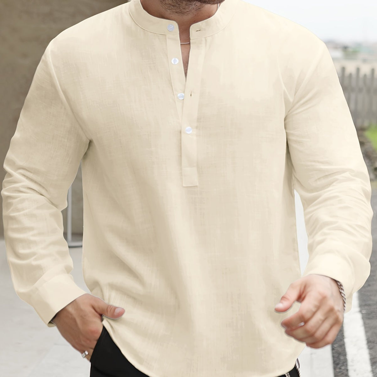 Chemise manches longues encolure tunisienne aspect lin