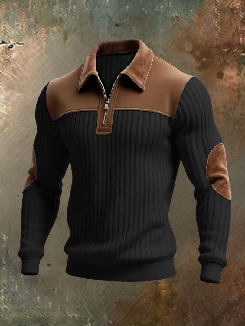 Pull côtelé demi-zip empiècements aspect daim