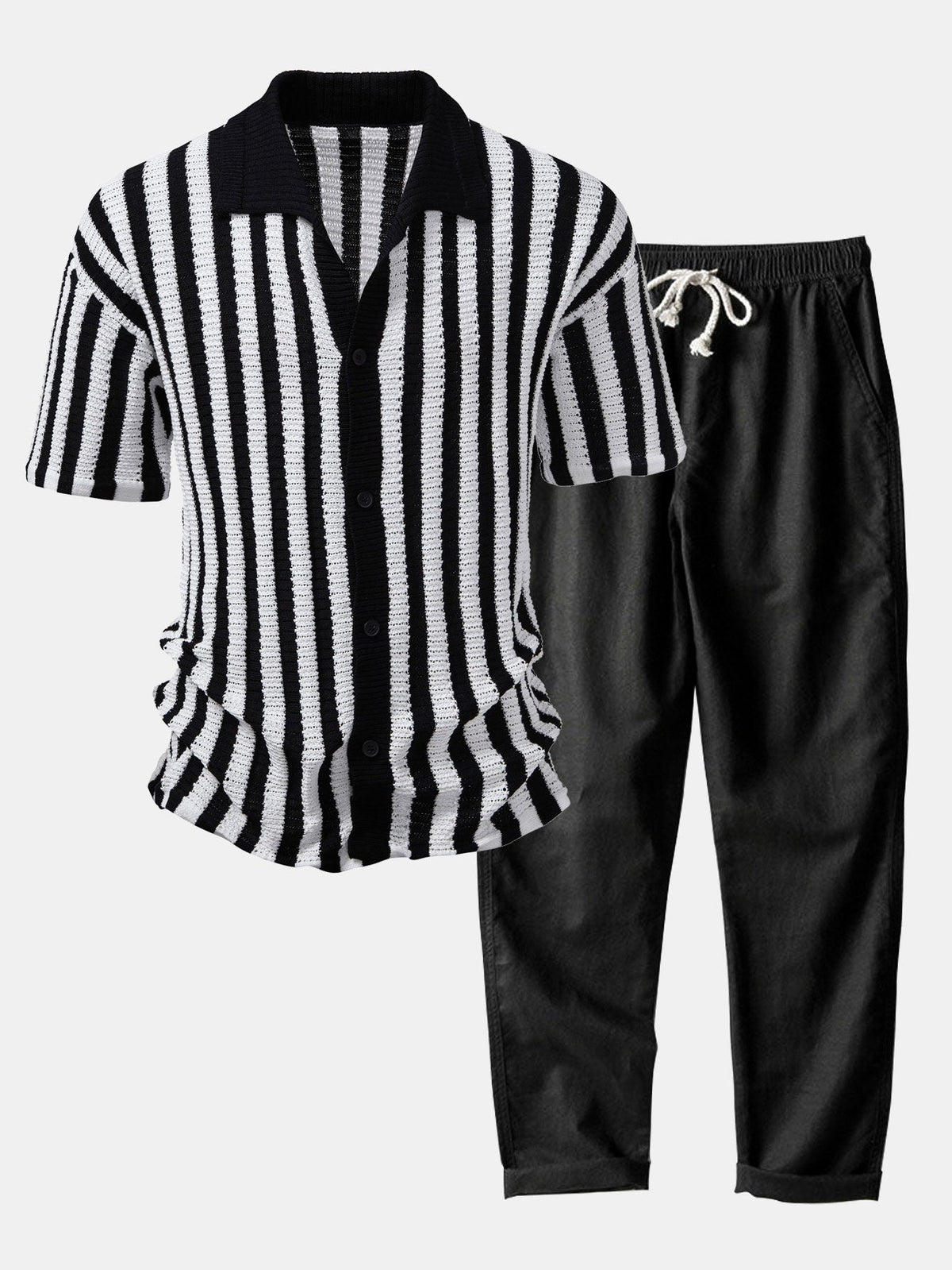 Ensemble chemise rayée épaules ajourées et pantalon