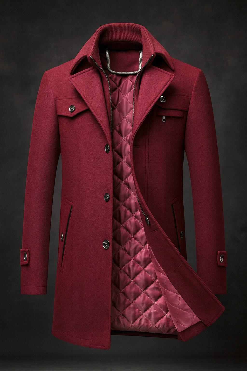Manteau mi-long aspect lainage homme coloris bordeaux, vue de face