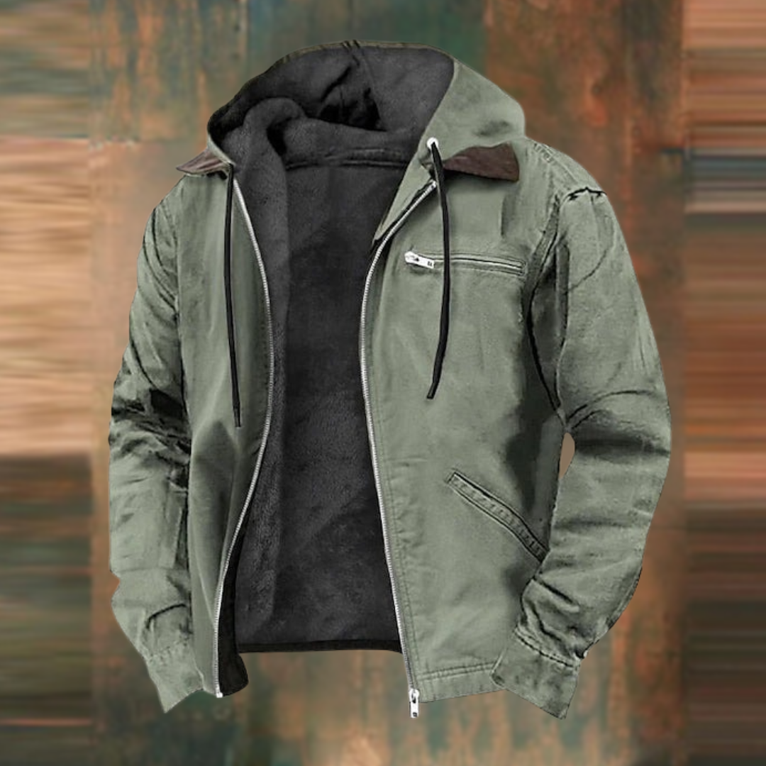 Veste zippée à capuche Montsouris coloris vert, doublure effet peluche et col contrasté