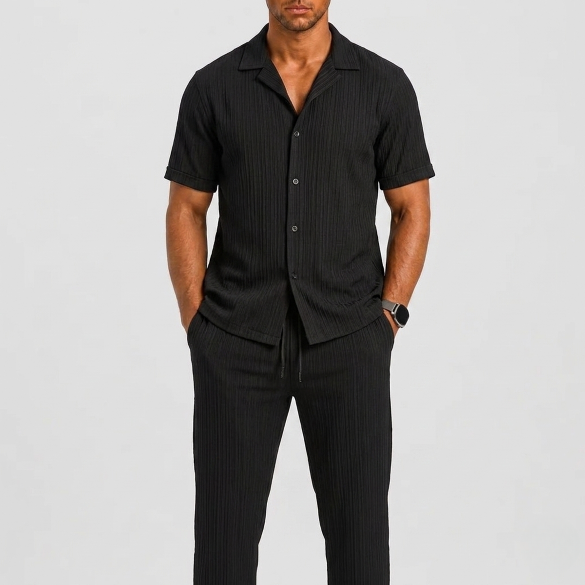Ensemble d'été chemise à manches courtes et pantalon assorti rayures verticales homme – Alençon