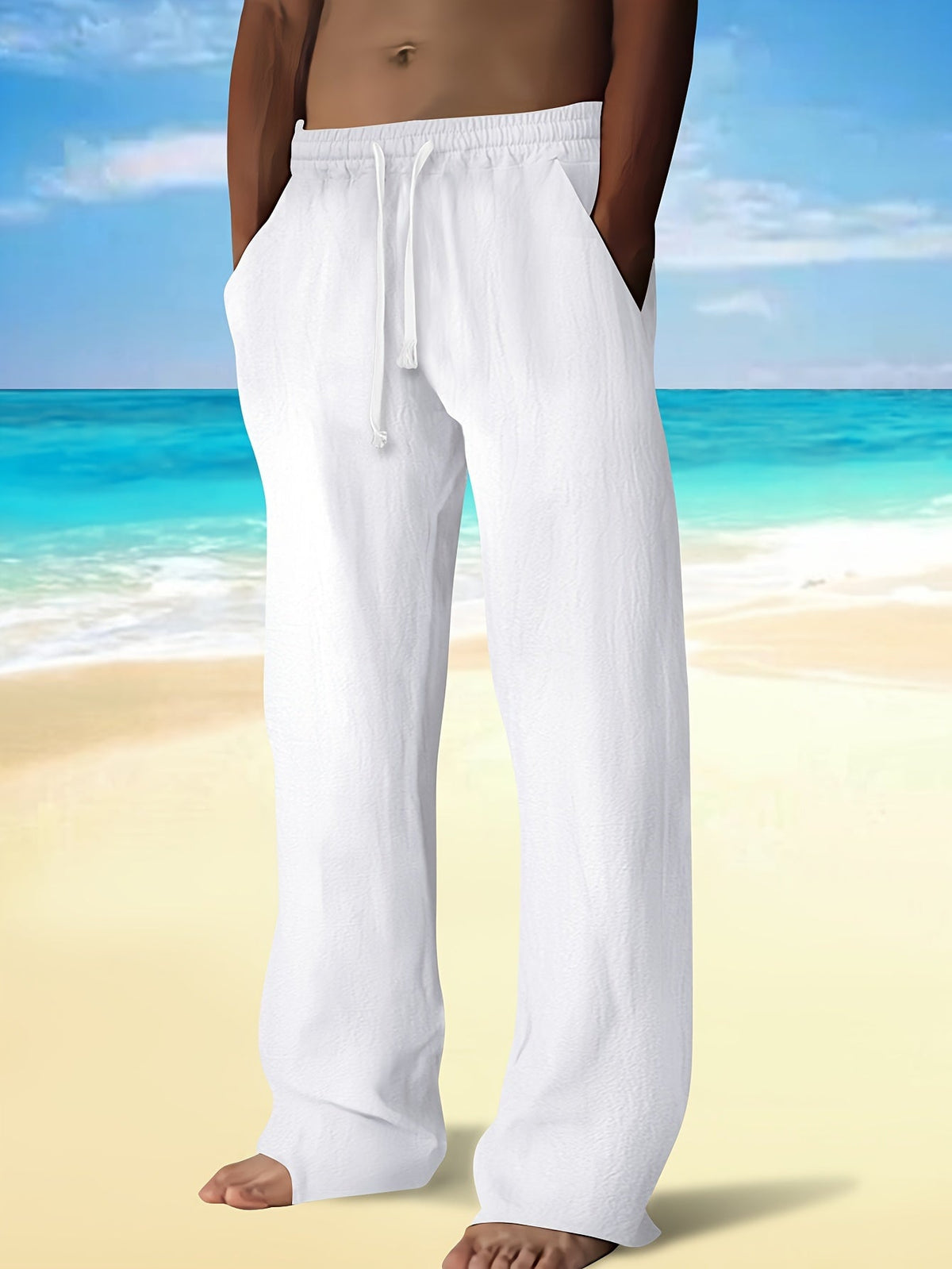 Pantalon droit aspect lin à cordon