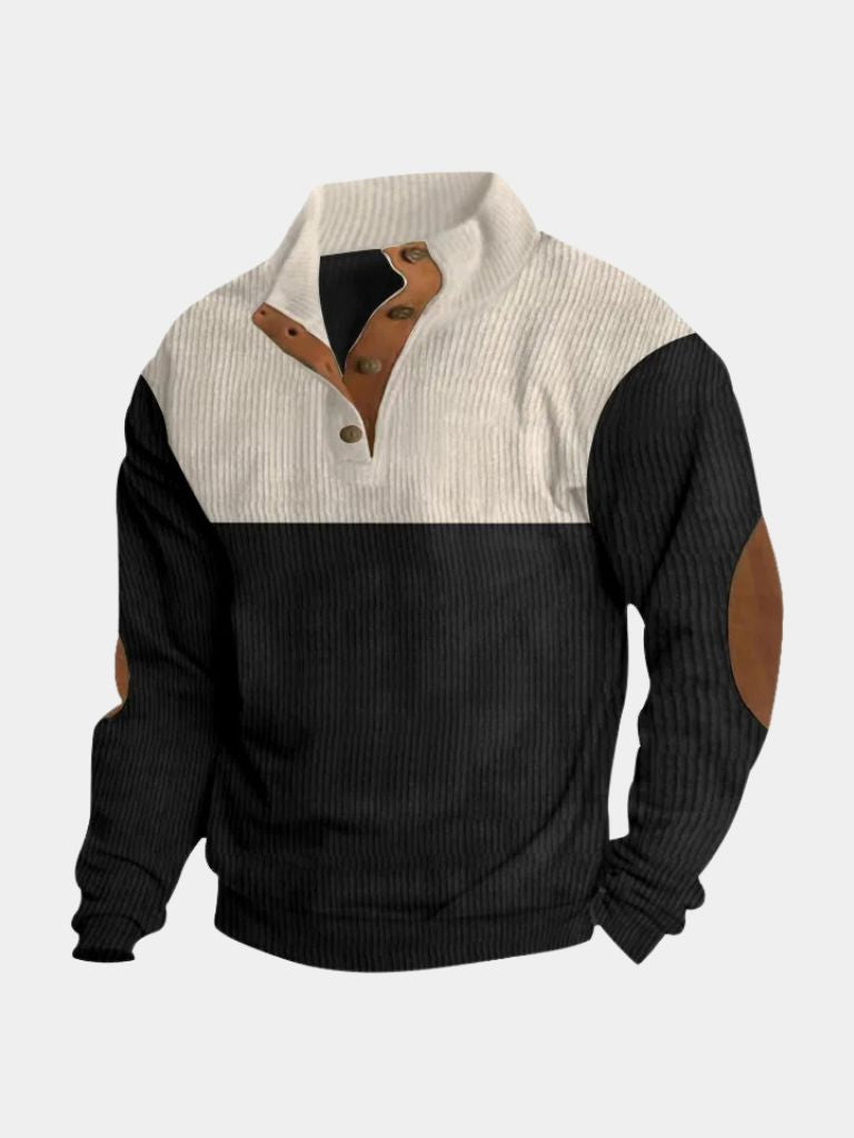 Pull col boutonné velours côtelé bicolore