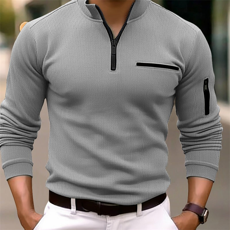 Pull côtelé col montant demi-zip