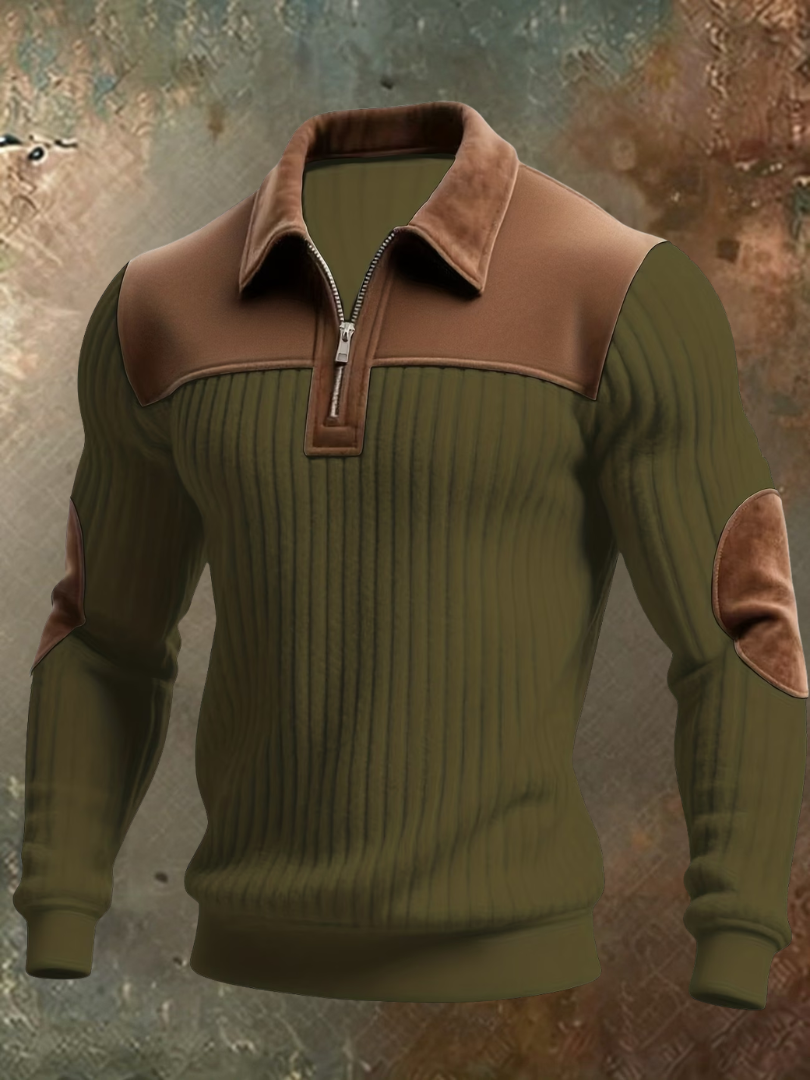 Pull côtelé demi-zip empiècements aspect daim