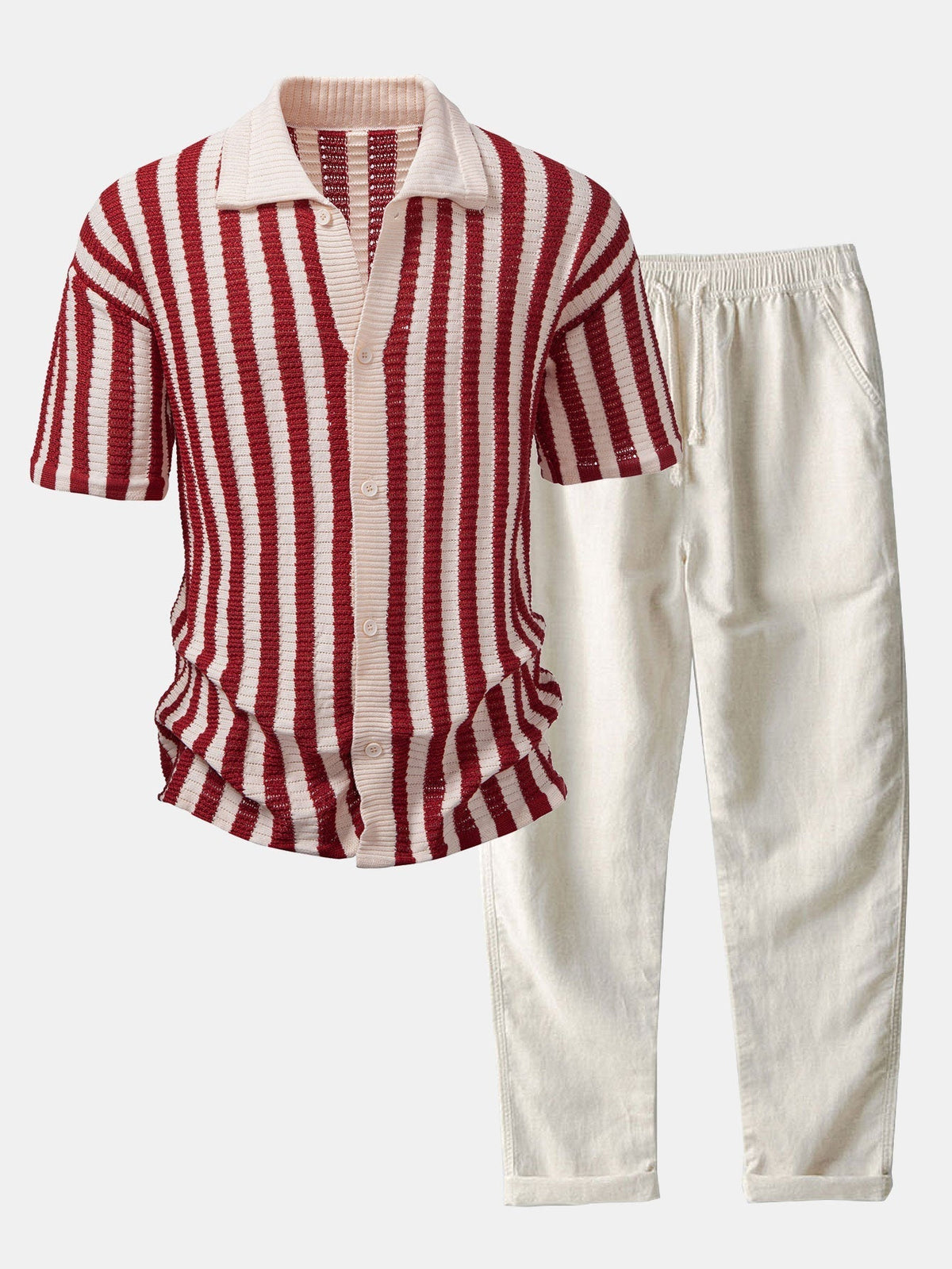 Ensemble chemise rayée épaules ajourées et pantalon
