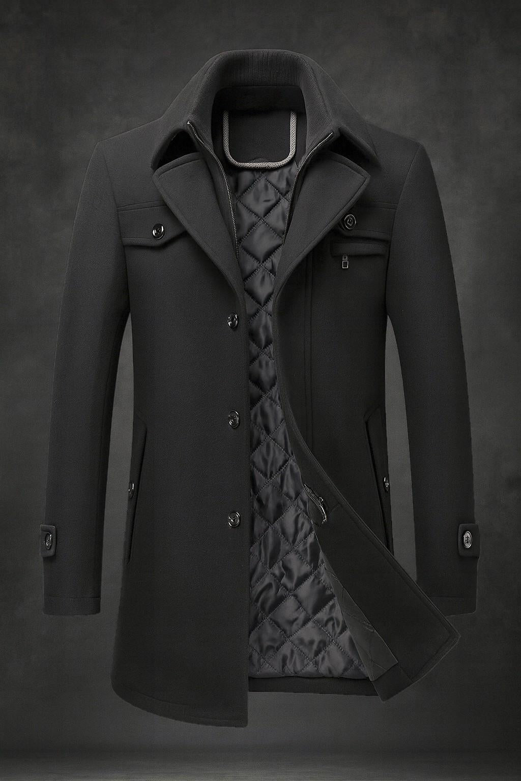 Manteau mi-long aspect lainage homme coloris noir, vue de face