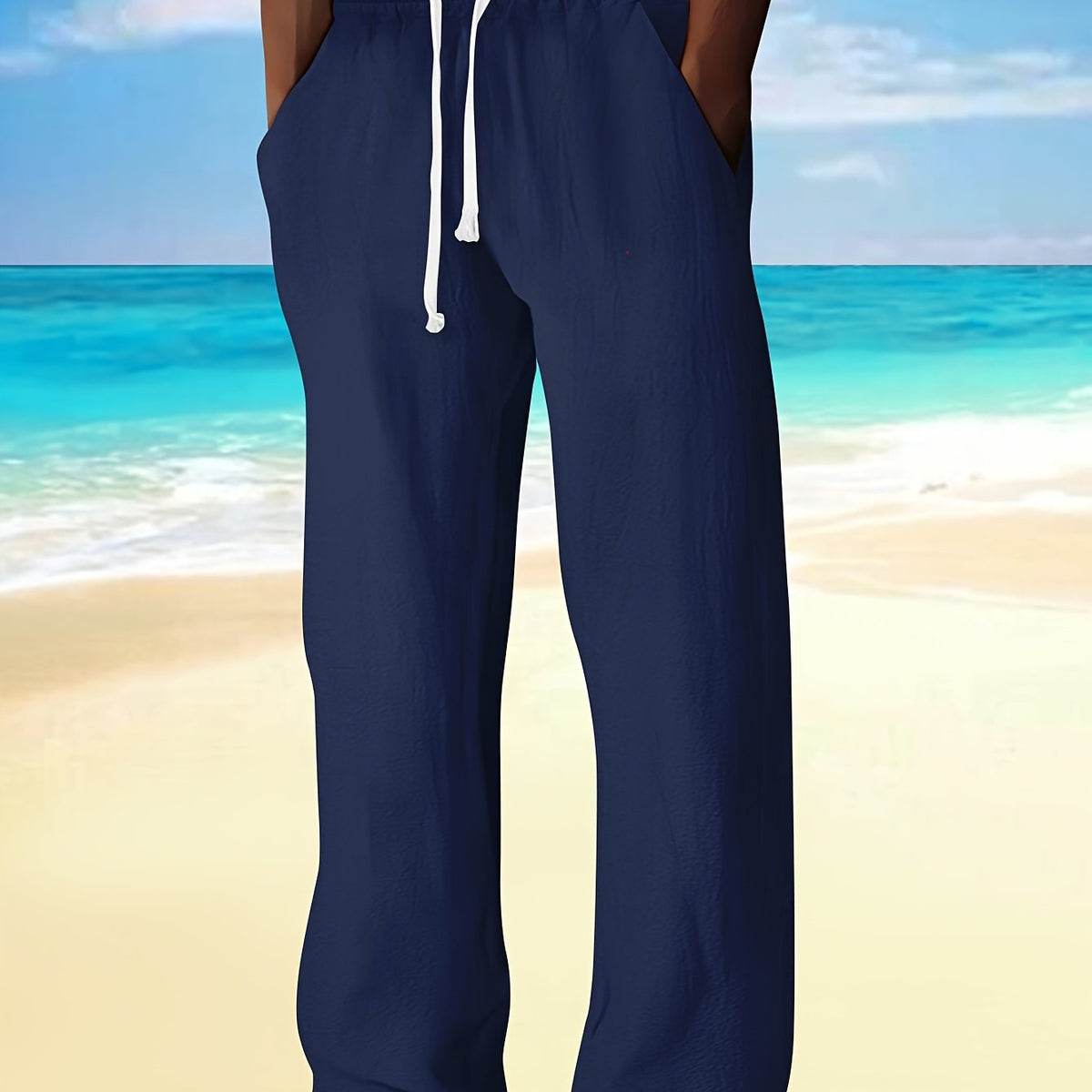Pantalon droit aspect lin à cordon