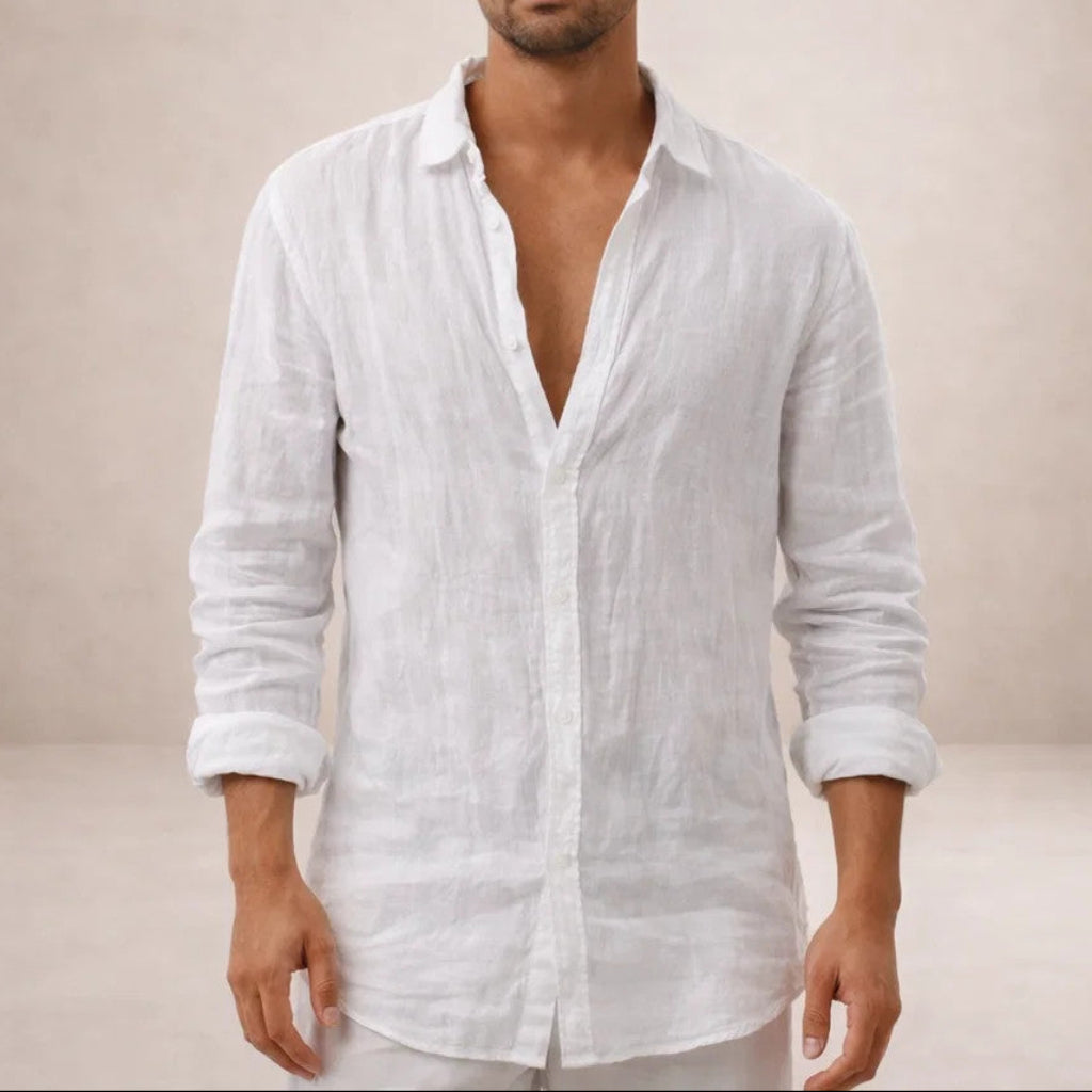 Chemise en lin coupe régulière col ouvert au style intemporel homme – Galilée