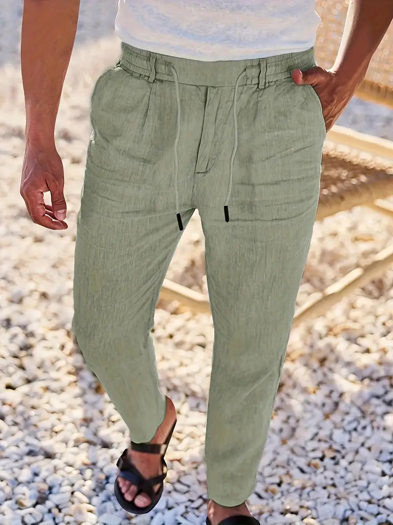 Pantalon large aspect lin à cordon