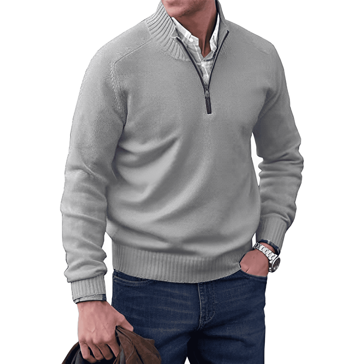 Pull zippé en maille cachemire col montant homme – Gris clair