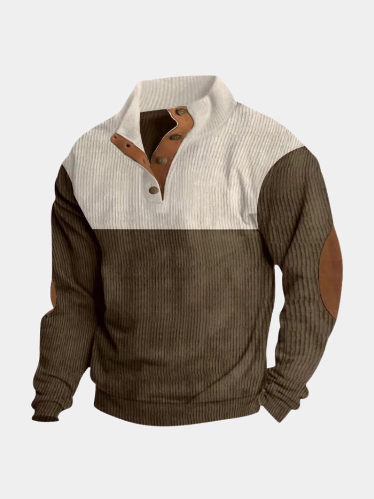Pull col boutonné velours côtelé bicolore