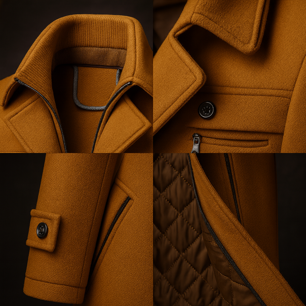 Détails du manteau homme : double col zippé, poche à rabat, patte de poignet boutonnée et doublure matelassée