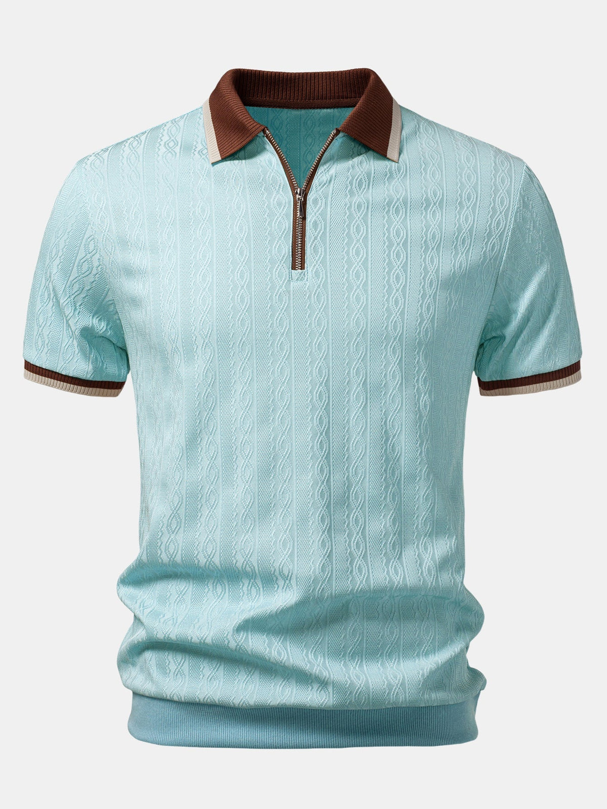 Polo en maille texturée col zippé coupe ajustée homme – Bleu clair