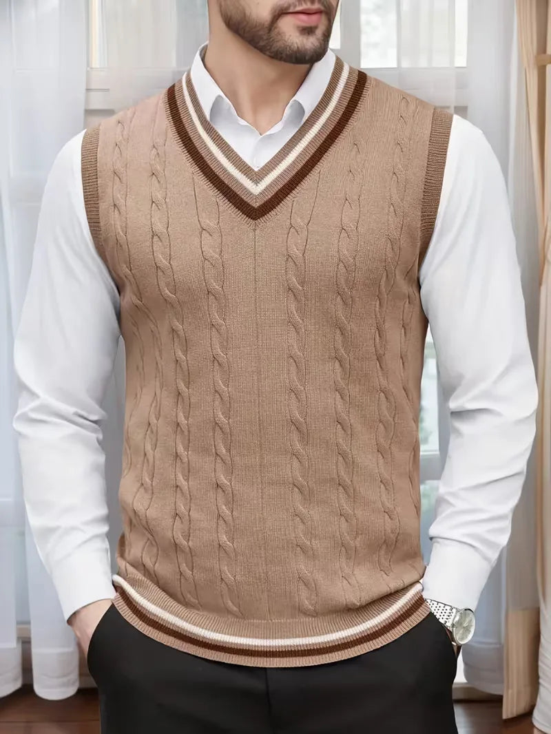 Gilet sans manches torsadé à col V bicolore en maille classique homme – Kaki