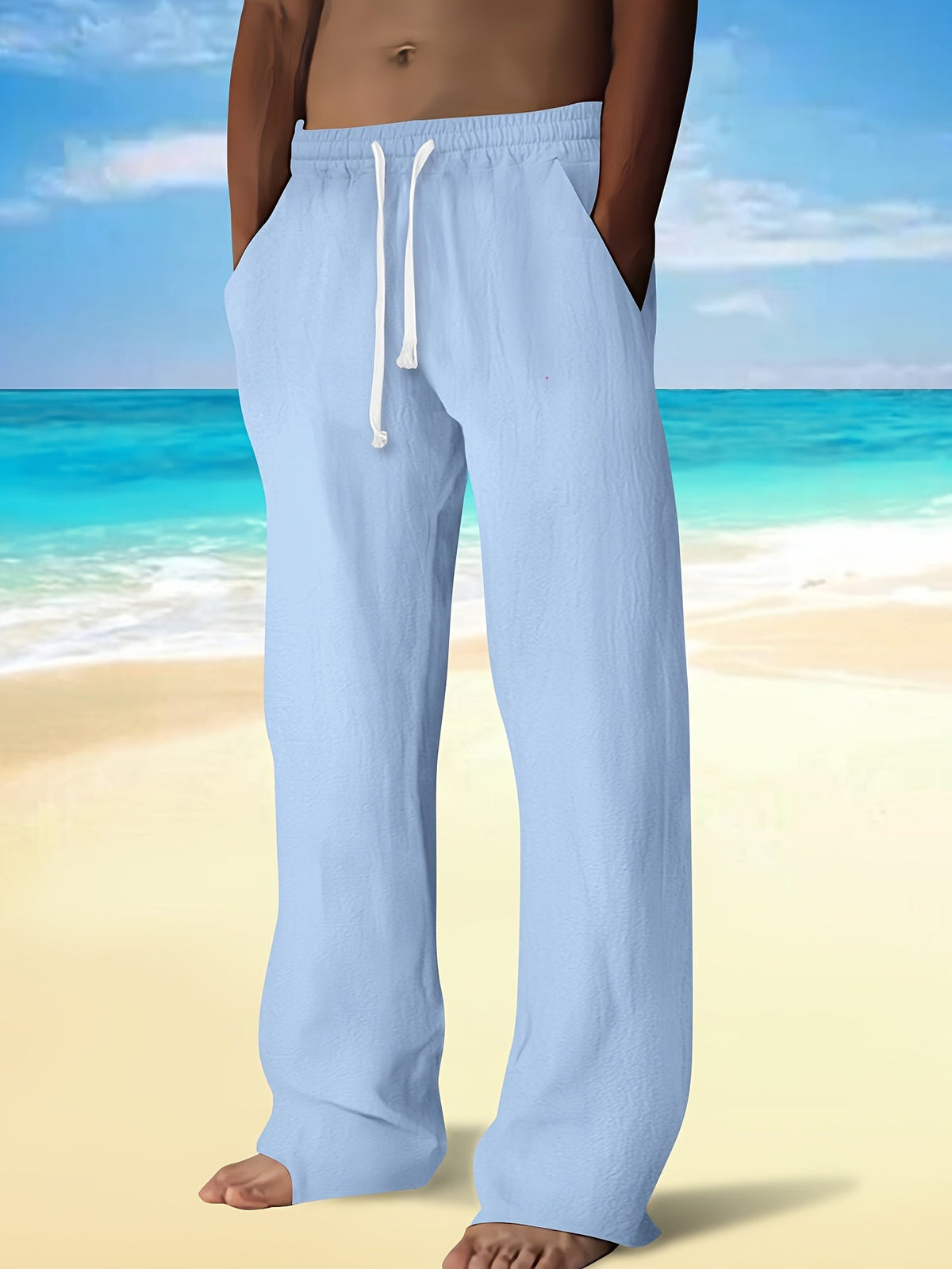 Pantalon droit aspect lin à cordon