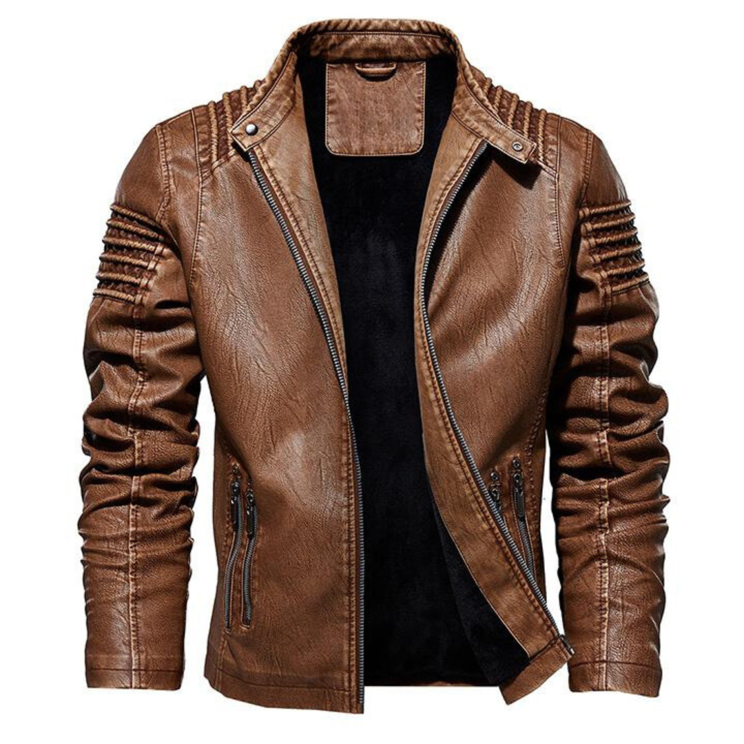 Blouson effet cuir marron épaules nervurées
