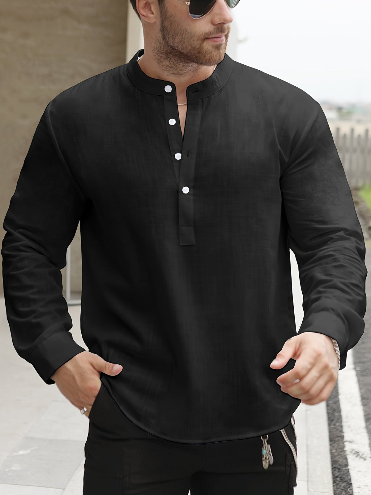 Chemise manches longues encolure tunisienne aspect lin
