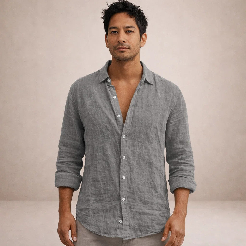 Chemise en lin coupe régulière col ouvert au style intemporel homme – Galilée