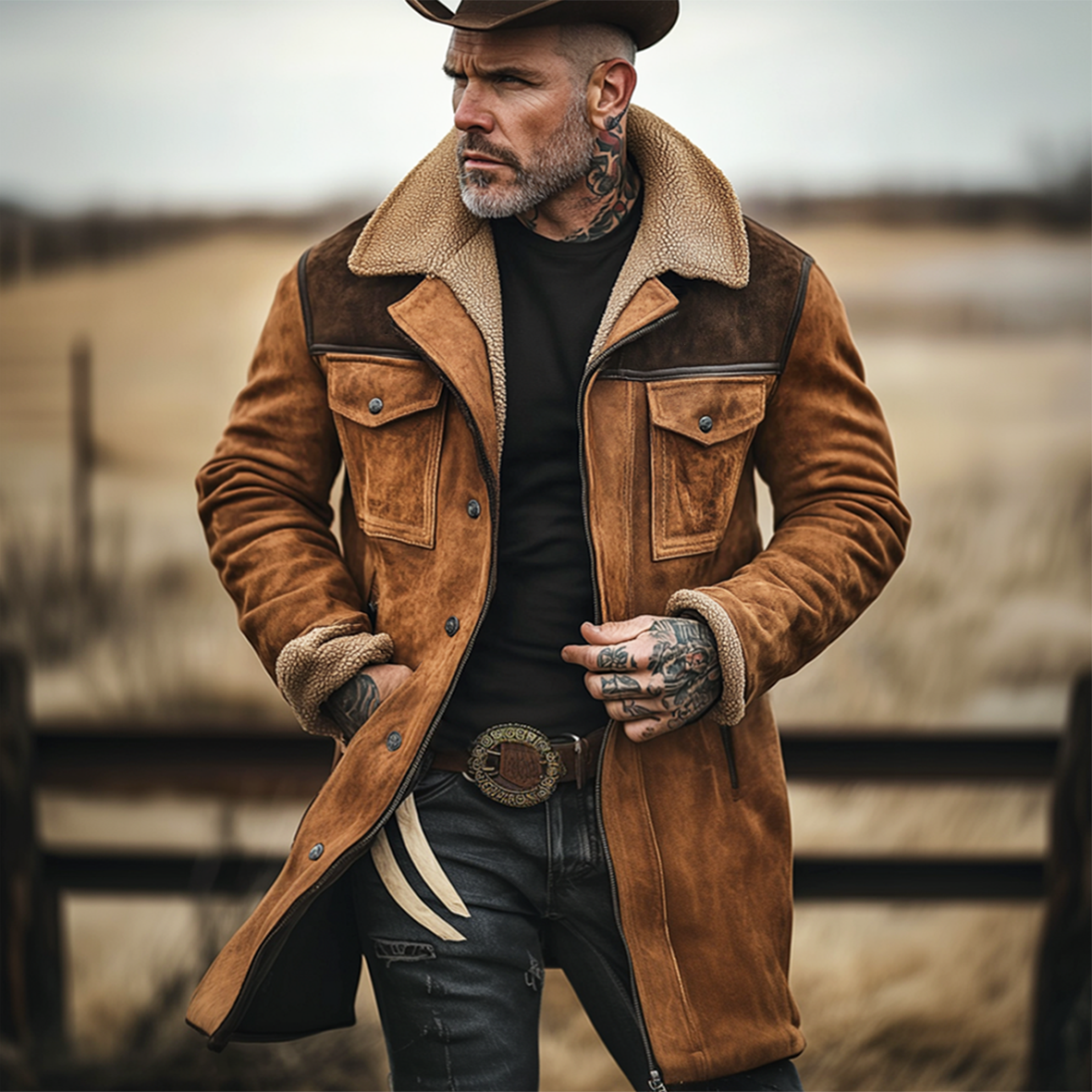Manteau long aspect daim col peluche