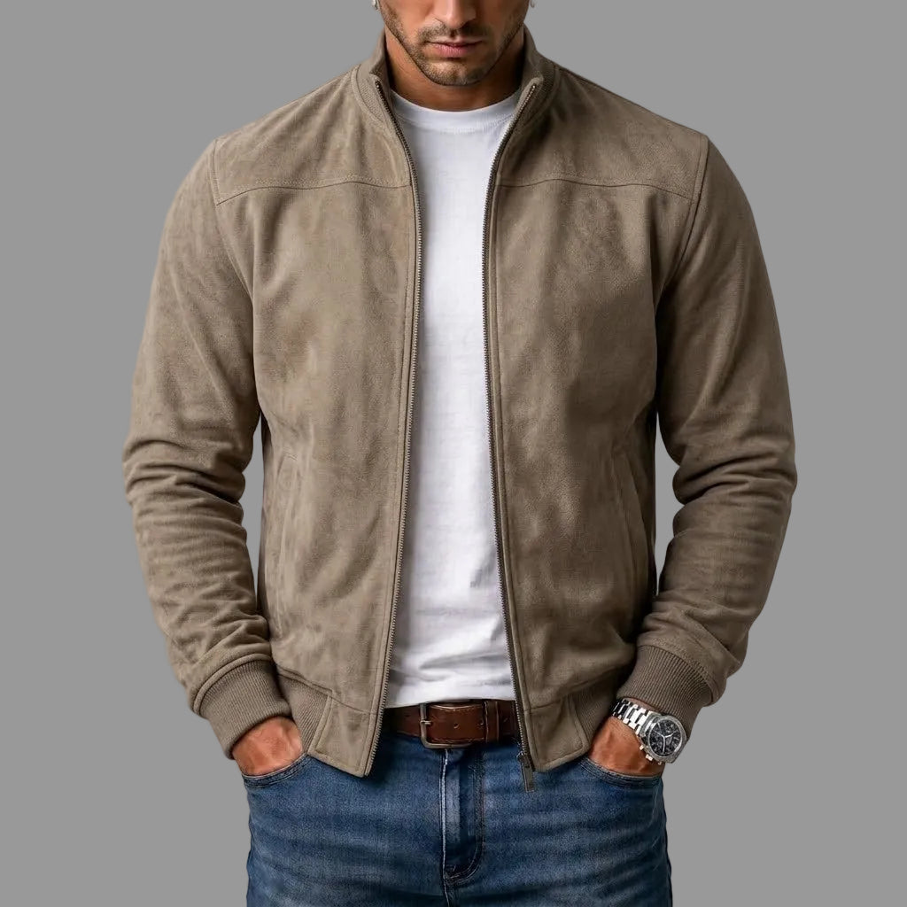 Blouson bomber aspect daim zippé col montant