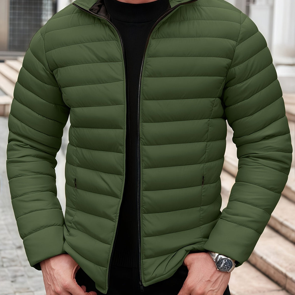 Doudoune légère matelassée courte à col montant zippé homme – Vert
