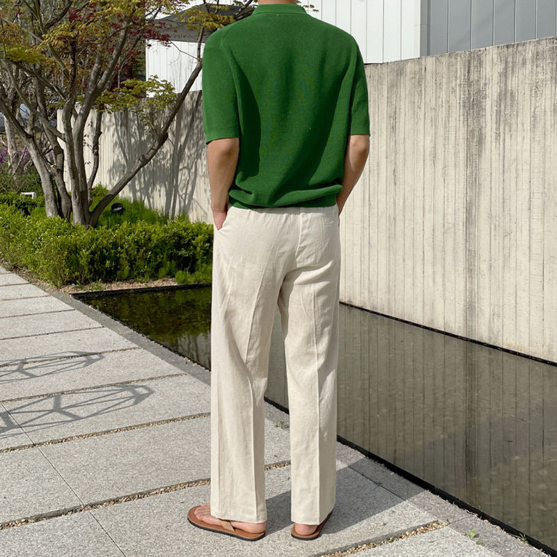 Pantalon beige aspect lin à cordon