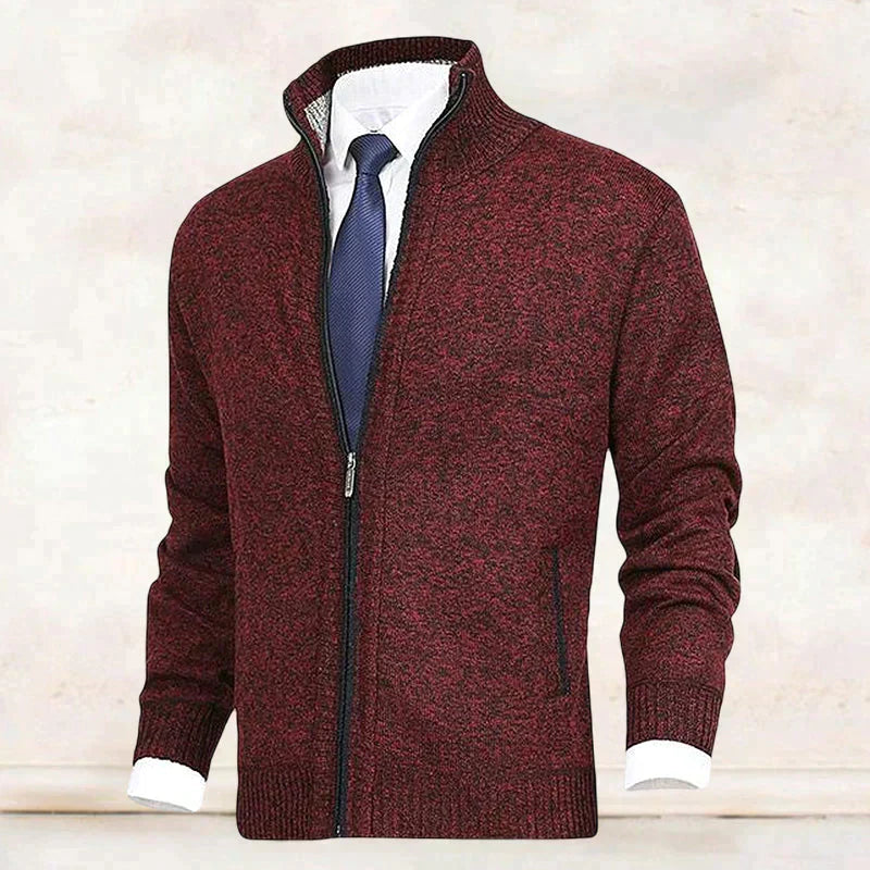 Cardigan zippé à col montant en maille au style intemporel homme – Rouge Foncé