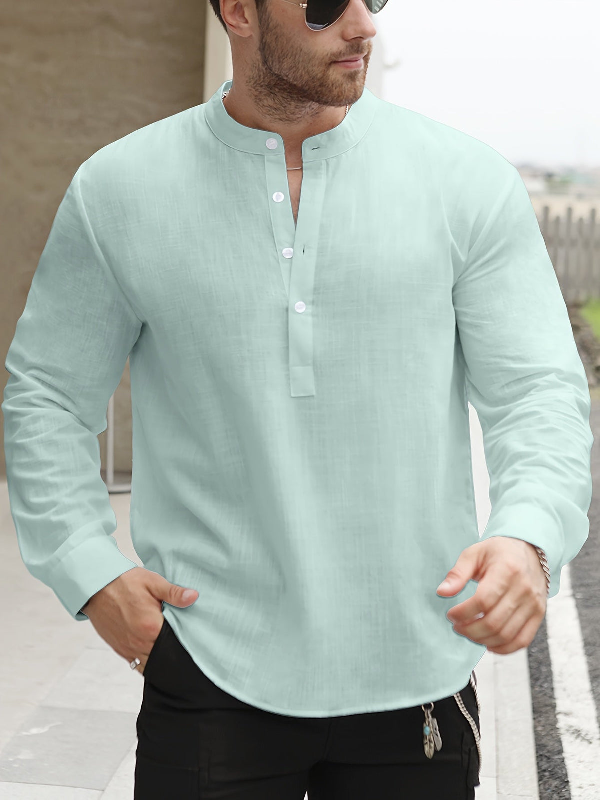 Chemise manches longues encolure tunisienne aspect lin