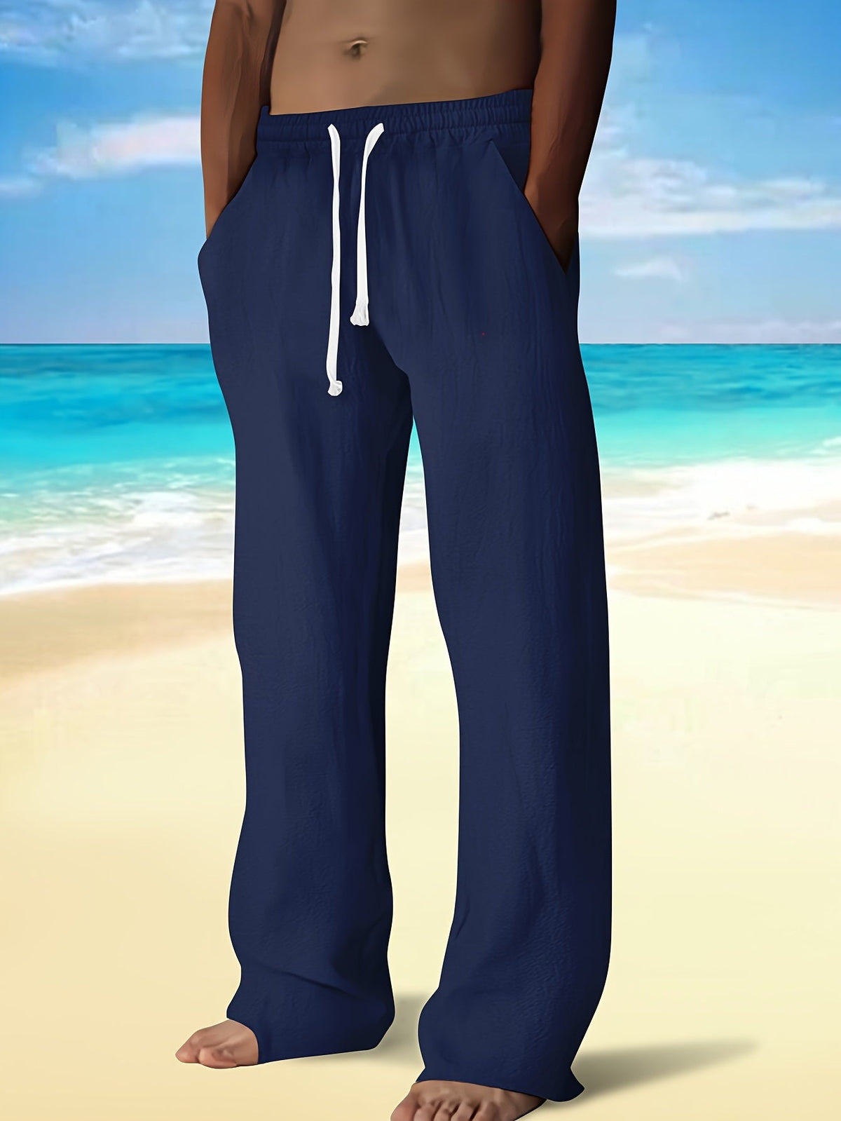 Pantalon droit aspect lin à cordon