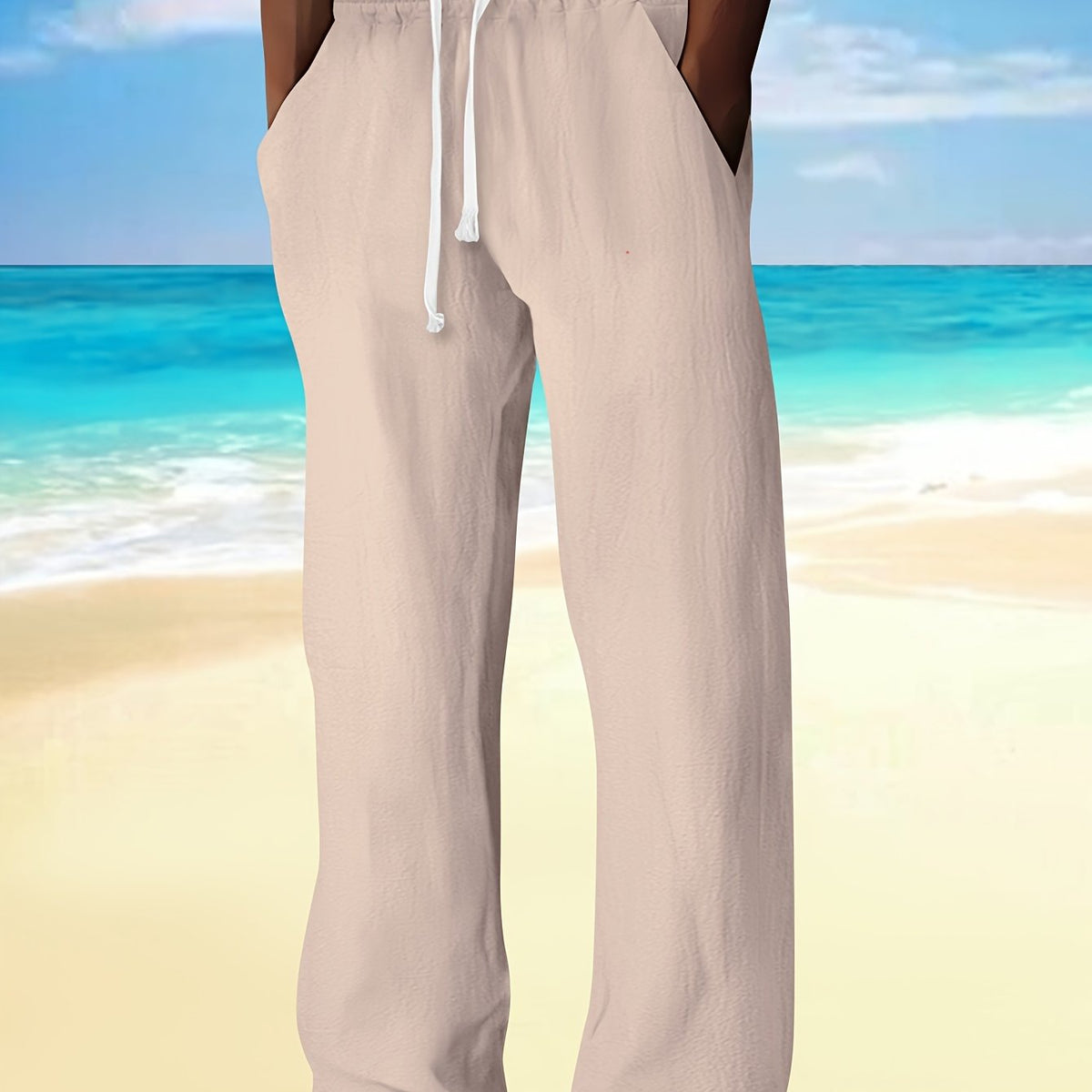 Pantalon droit aspect lin à cordon