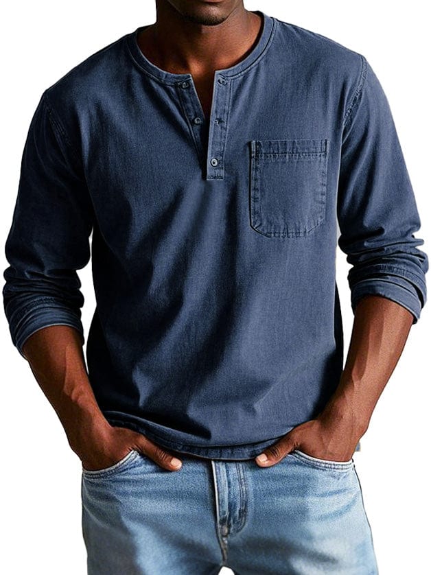 Chemise col tunisien aspect délavé homme, coloris bleu foncé