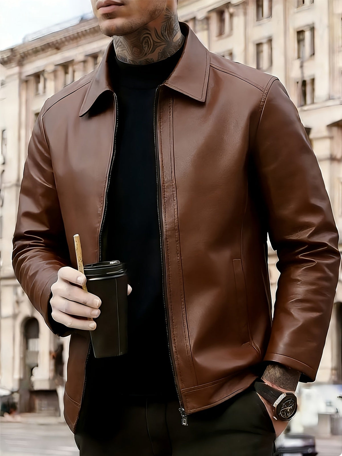 Blouson effet cuir col rond zippé