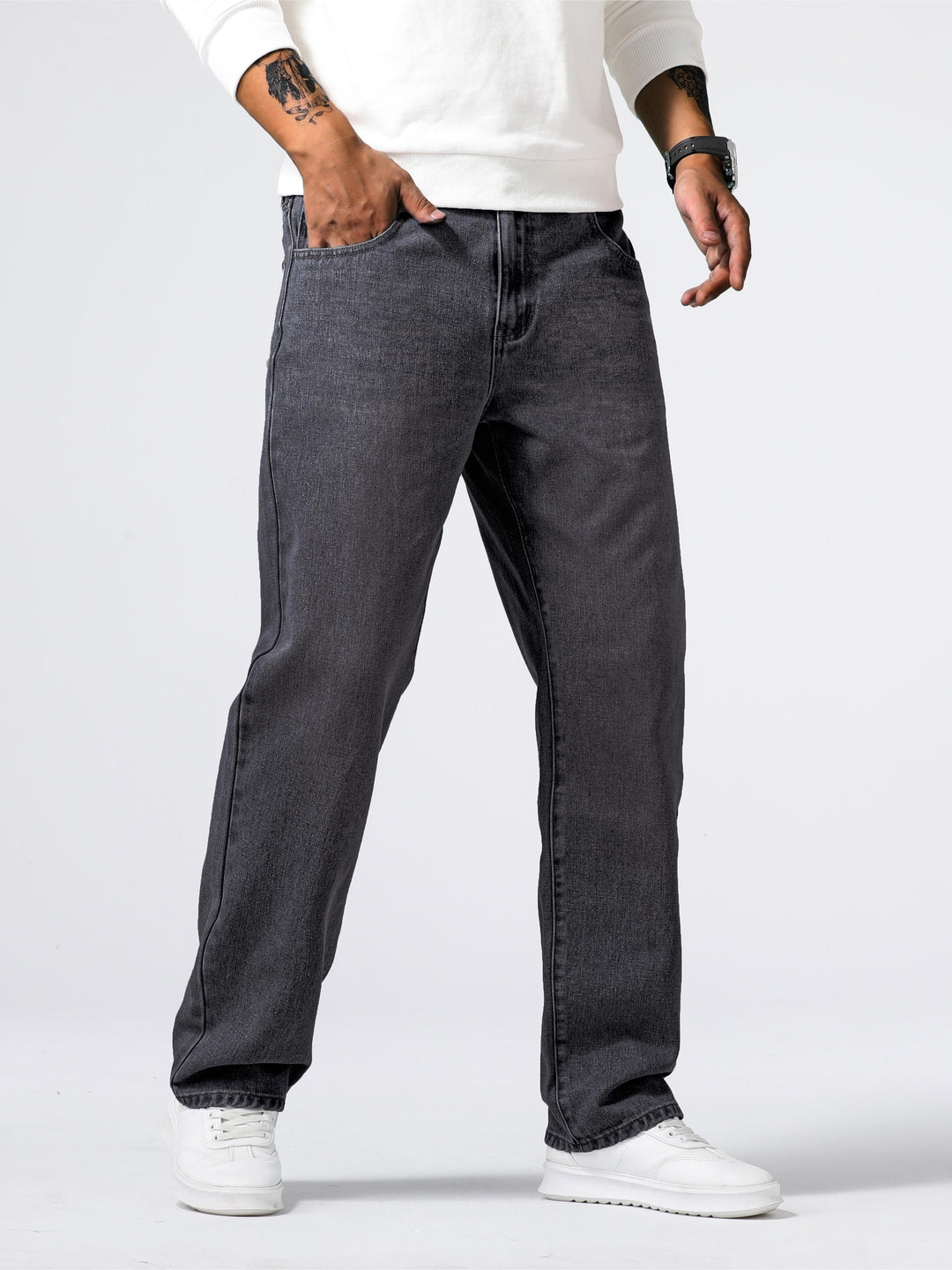 Jean droit délavé denim coupe droite quotidien style chic intemporel homme – Nohant