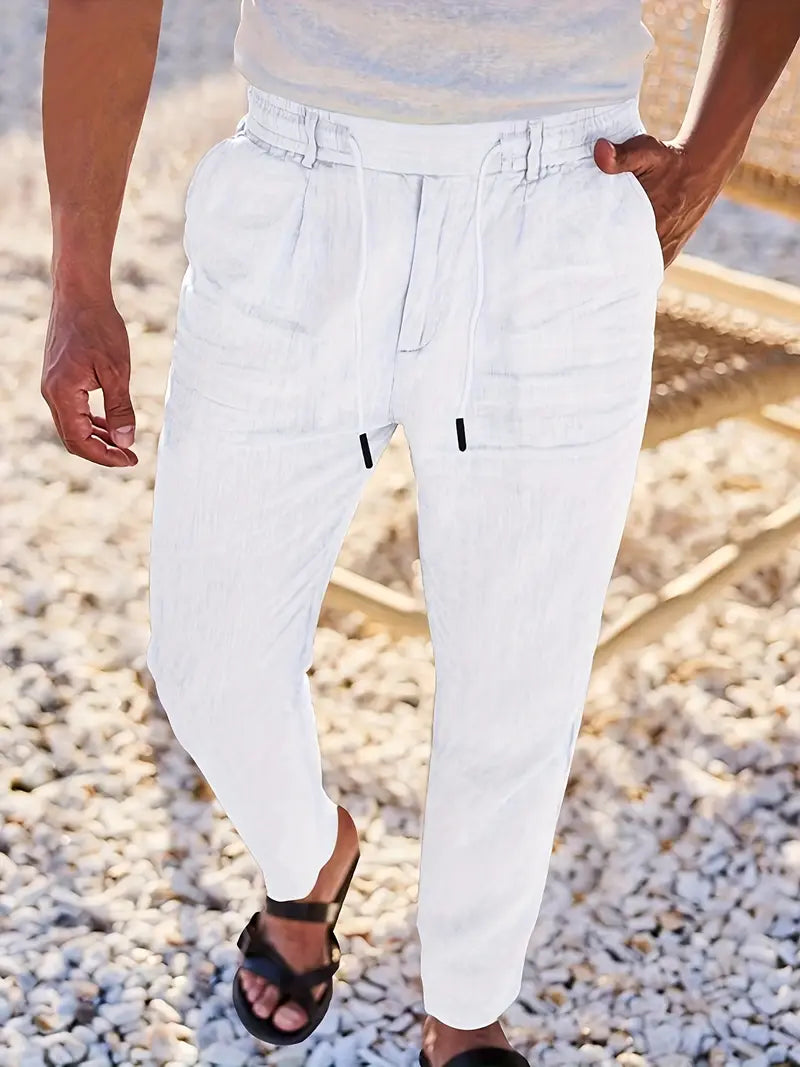Pantalon large aspect lin à cordon