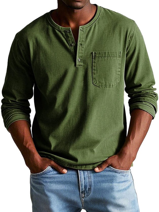 Chemise col tunisien aspect délavé homme, coloris vert foncé