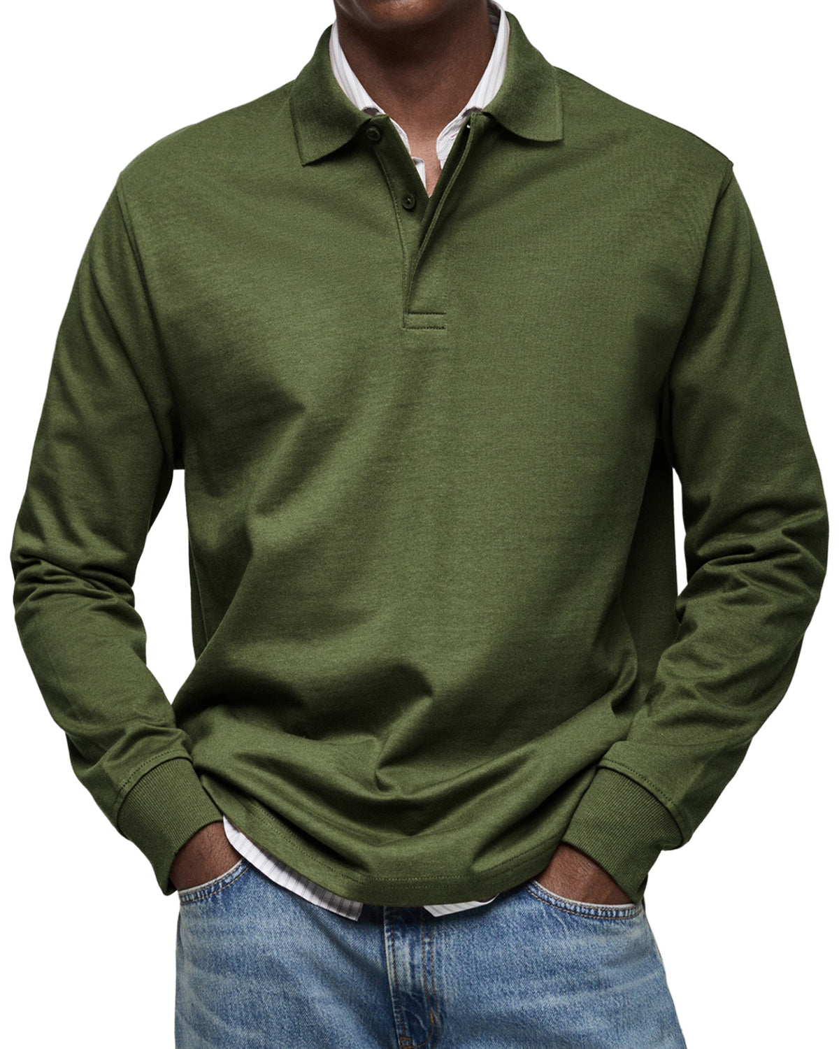 Polo à manches longues en maille fine col polo homme – Vert militaire