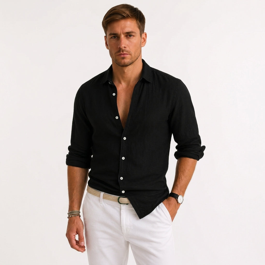 Chemise en lin manches longues col ouvert au style intemporel homme – Vendôme