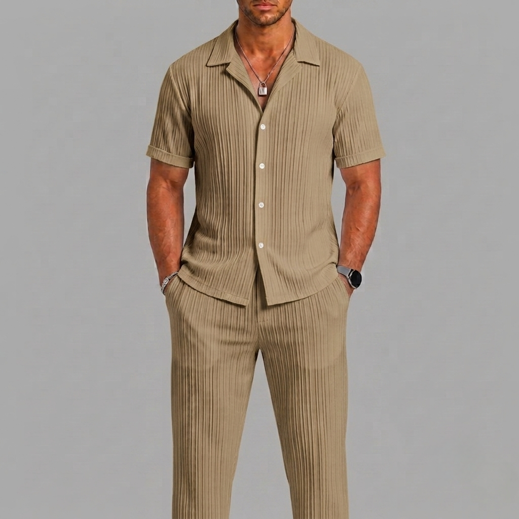 Ensemble d'été chemise à manches courtes et pantalon assorti rayures verticales homme – Alençon