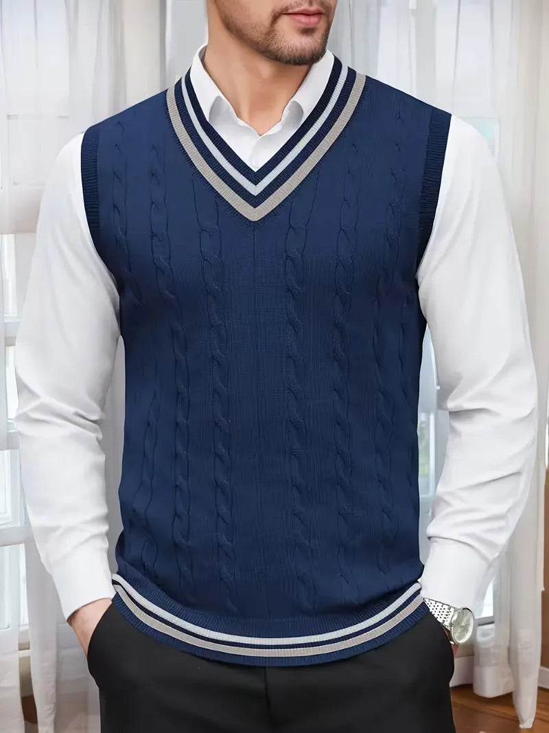 Gilet sans manches torsadé à col V bicolore en maille classique homme – Bleu marine