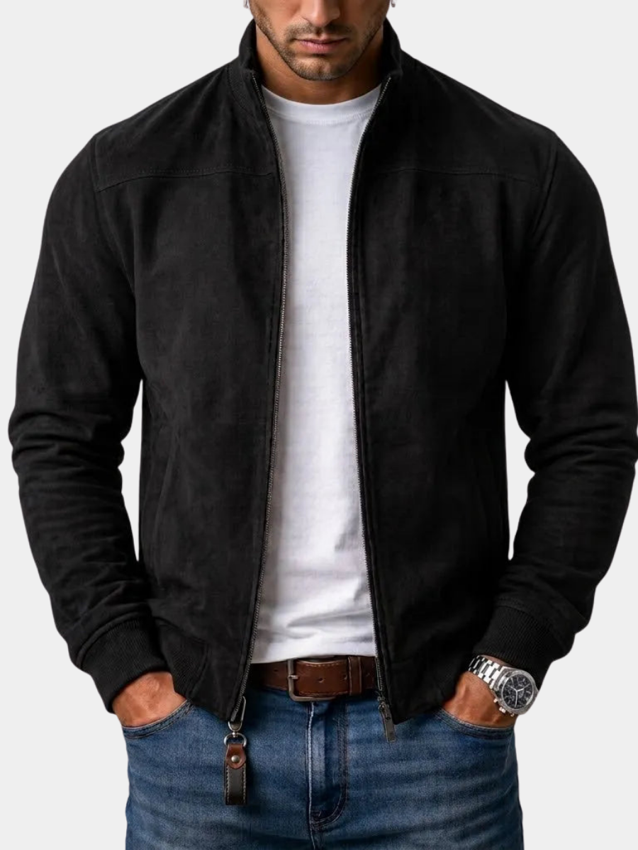 Blouson bomber aspect daim zippé col montant