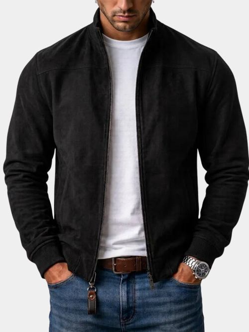 Blouson bomber aspect daim zippé col montant