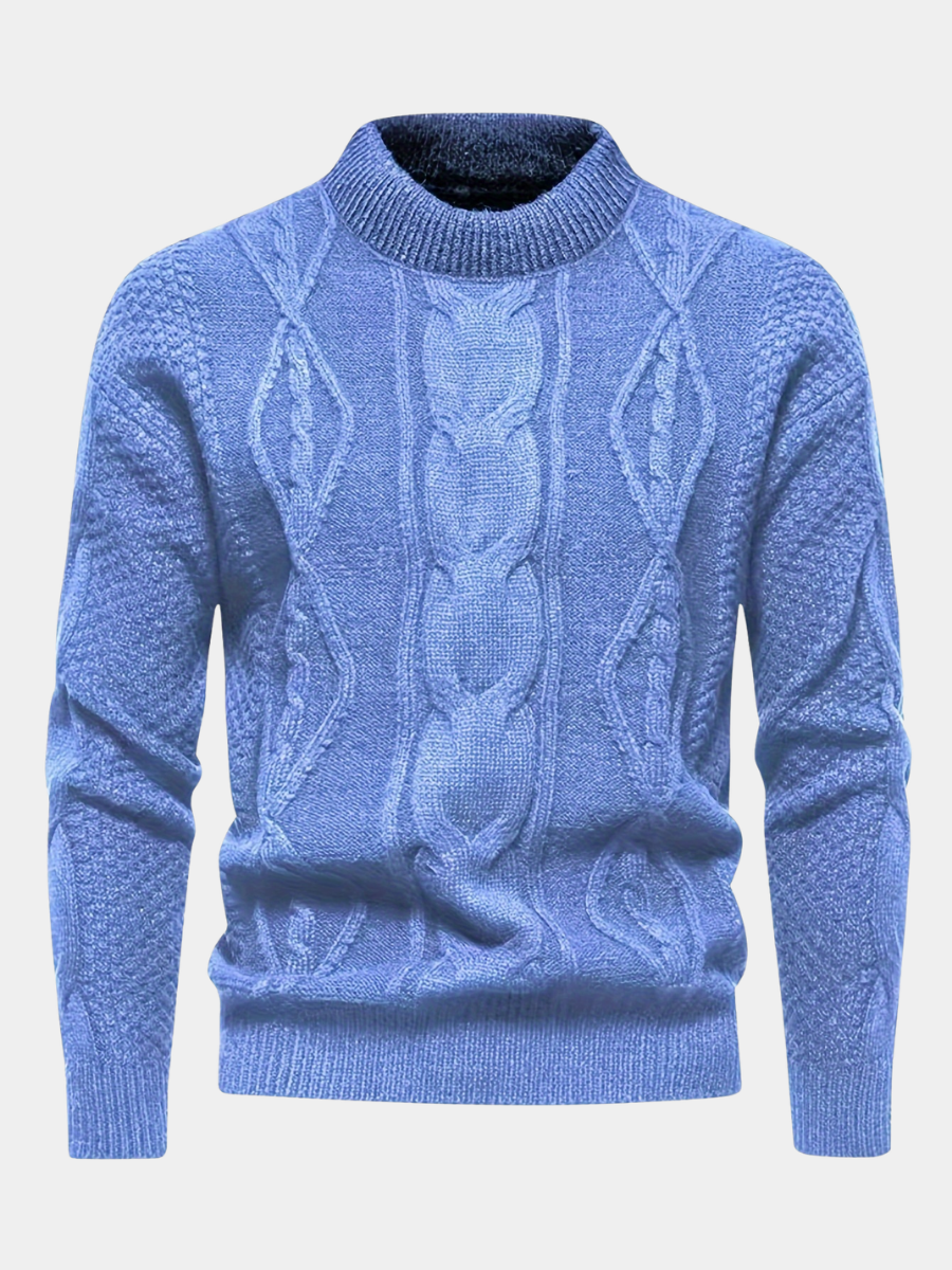 Pull col rond maille torsadée bleu ciel