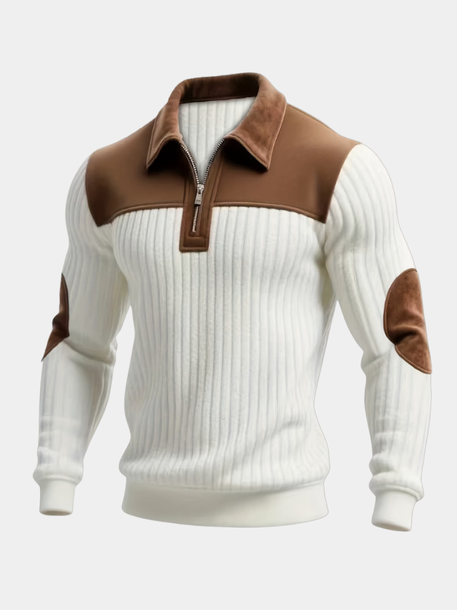 Pull côtelé demi-zip empiècements aspect daim